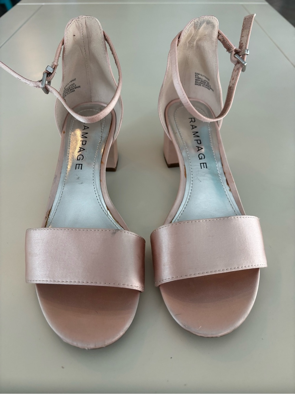 Rampage Women's Satin Ankle-Strap Block Heel Sandals in Blush Pink 6.5